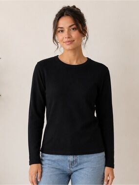 Crystal-Kobe Women’s Black Waffle Knit Long Sleeve Crew Neck Top Size 8